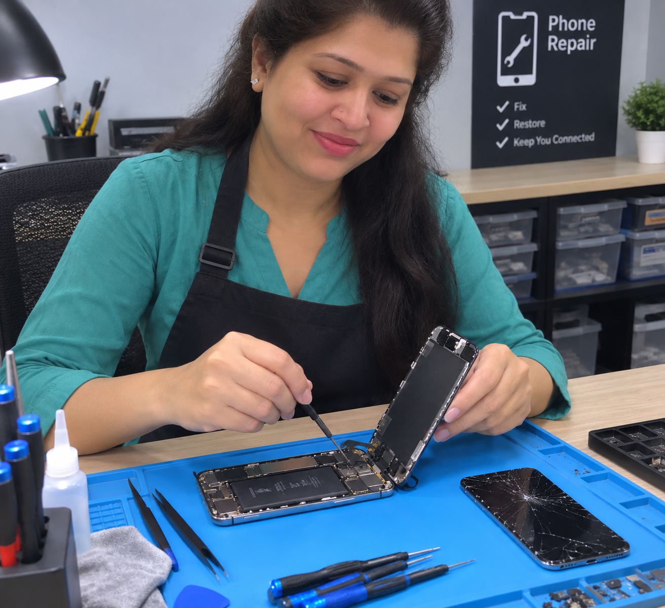 Certified woman technician repairing an iPhone screen for a customer in Milton